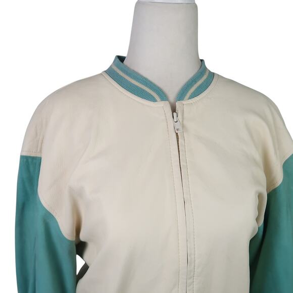Vintage 90s Nancy Heller Cream and Turquoise Leather Bomber Jacket 2 - Picture 2 of 7